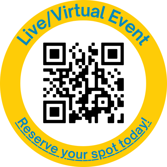 QR code to make reservation with text "Live/Virtual Event, Reserve your spot today!"